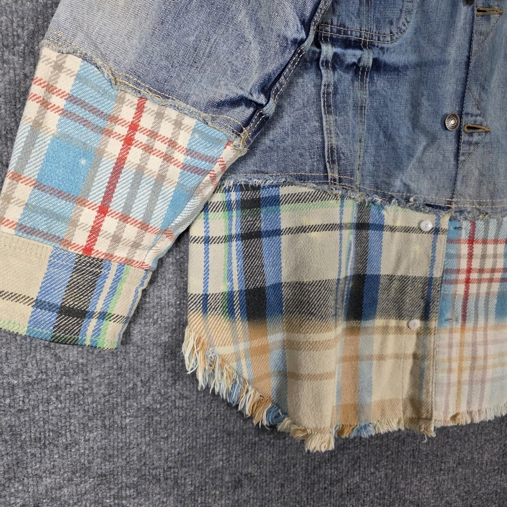 Free People L Sirius Upcycled Denim Plaid Jacket Crochet Evil Eye Jean Flannel - Picture 10 of 12